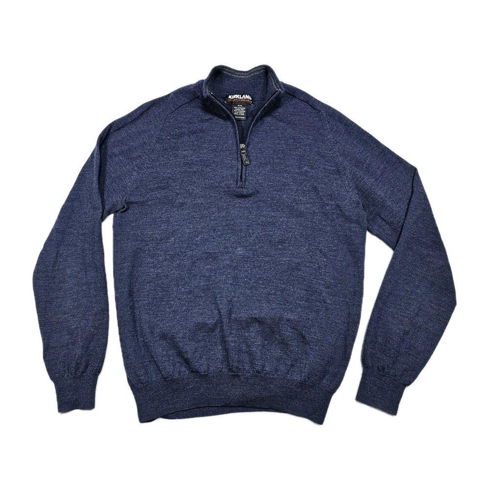 Kirkland 100% Merino Wool Sweater M Pullover 1/4 Zip Navy Mock Neck Long Sleeve